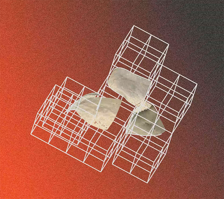form fragments in wireframe boxes for geometry subdivision, study against an orange-black background